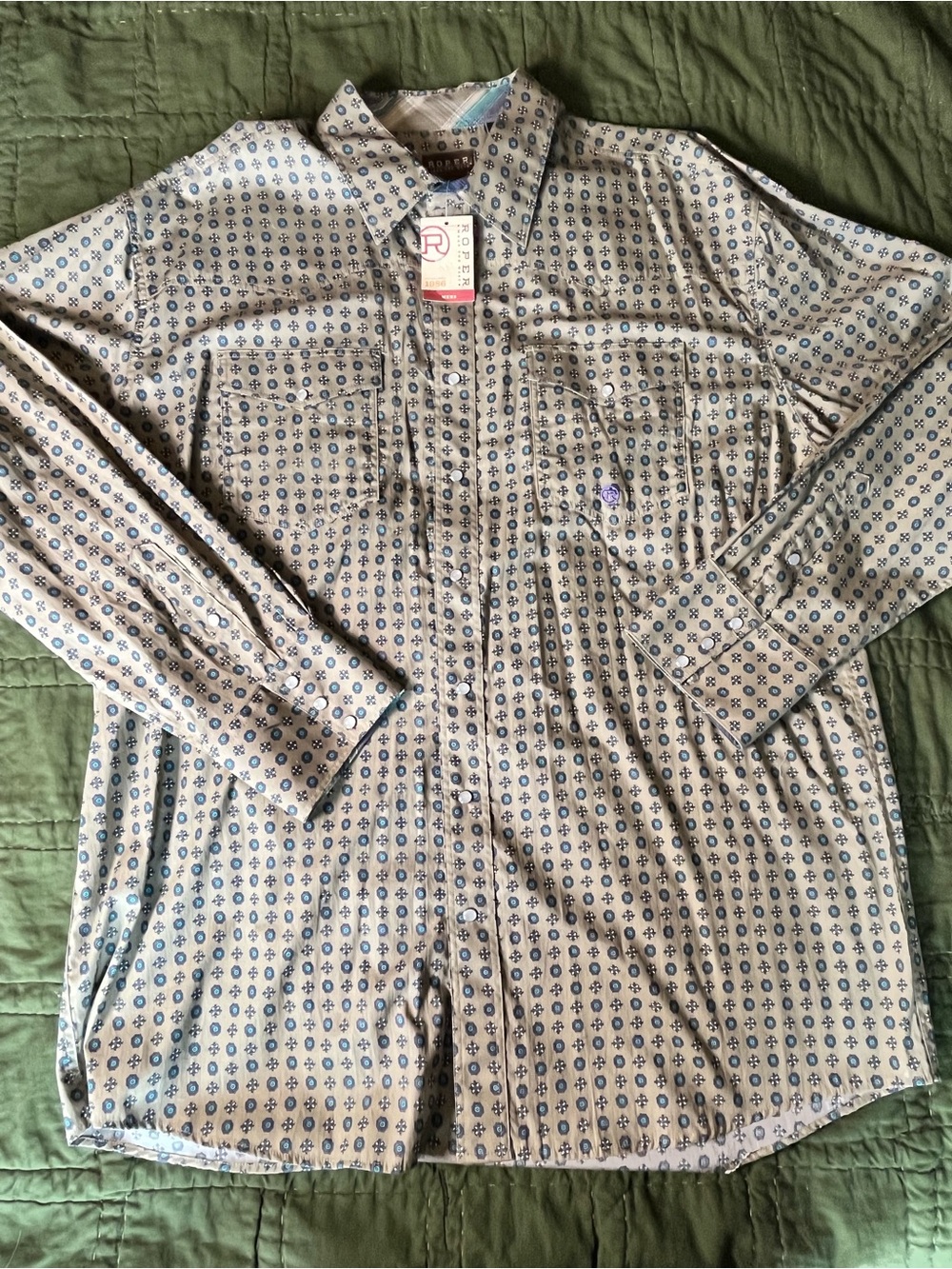 Roper Beige Shirt with Blue Geometric Print NWT —2XL